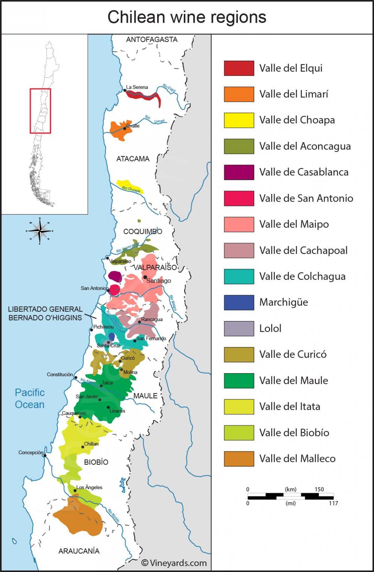 地图智利的葡萄酒产地 